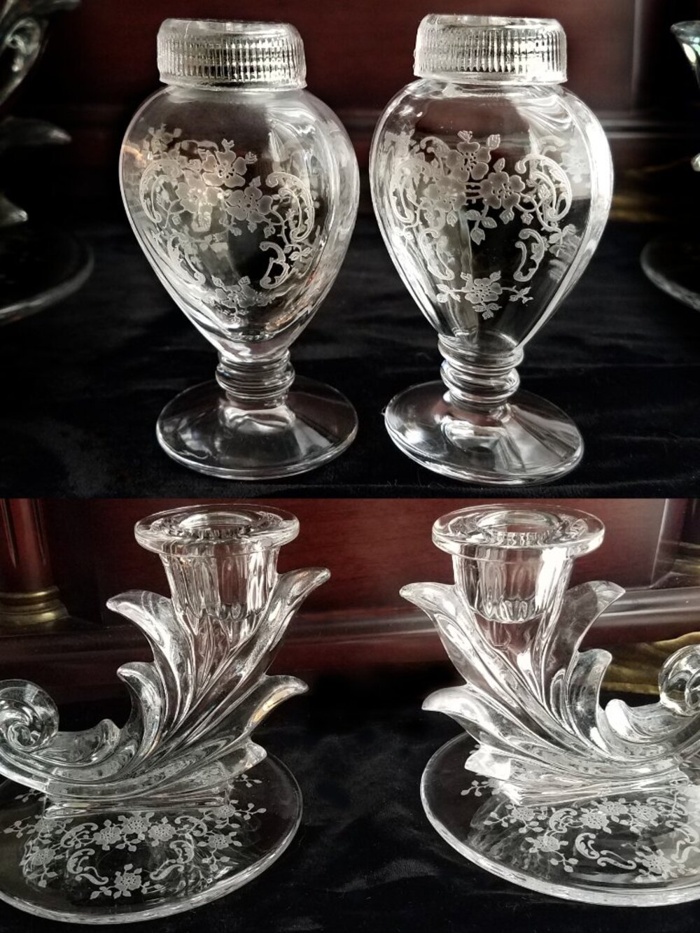 Fostoria Meadow Rose Vintage Glass Candlesticks & RARE Salt & Pepper Shakers